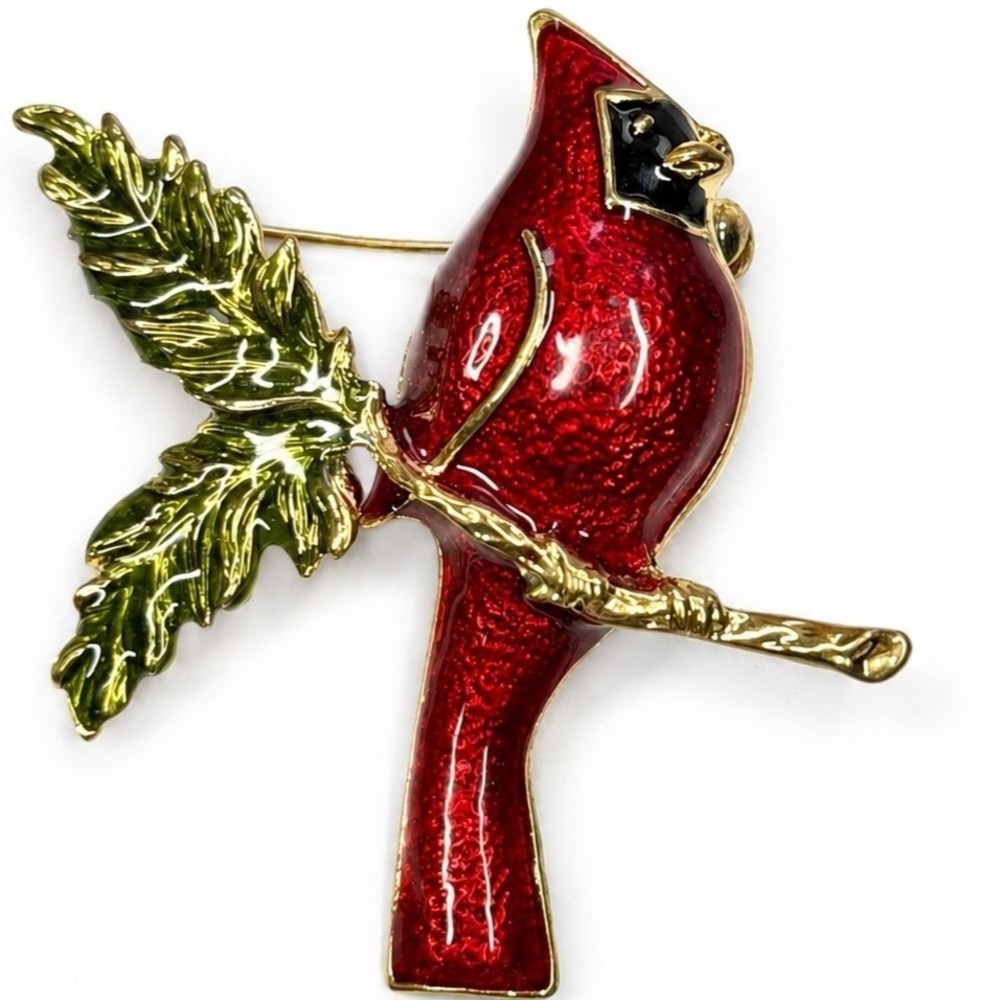 Red Cardinal Bird Brooch Pin Enamel Gold Tone Holly Leaf Christmas Winter Gift